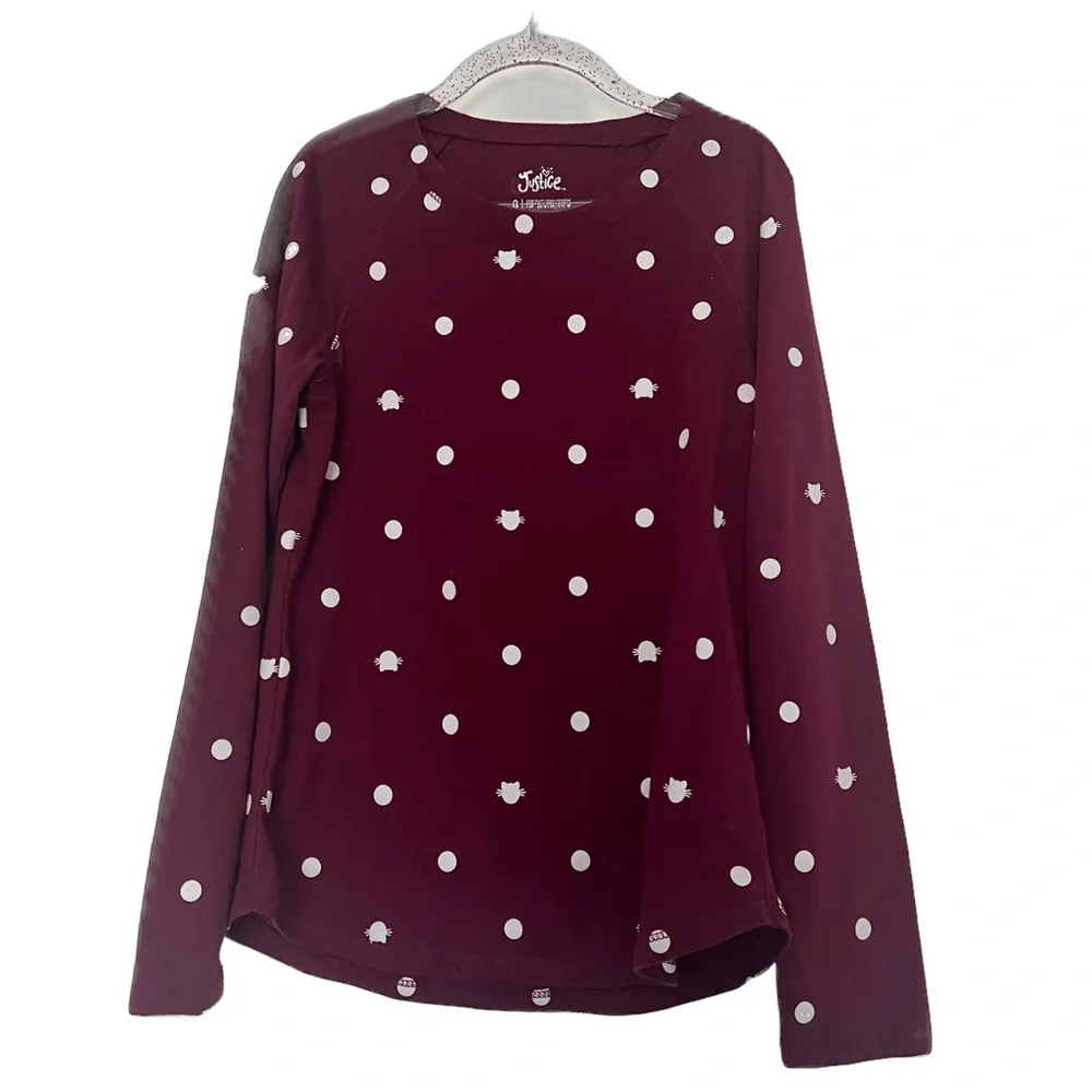 Justice Long Sleeve Tee Maroon Cat polka dot Size 8